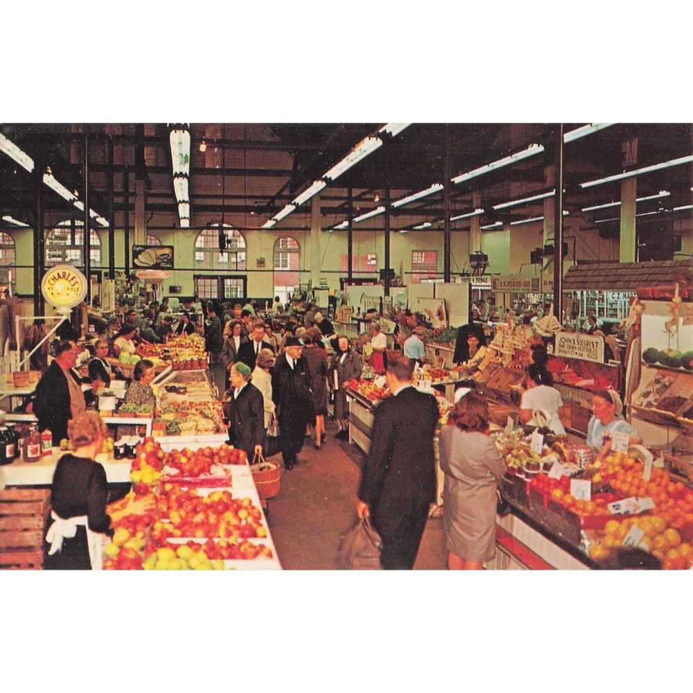 Vintage Farmer’s Market Lancaster Pennsylvania Postcard 1950s Crowd fruit veggie